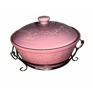 Temp-Tations Ovenware Pink Floral 2 QT Round Casserole dish With Lid & Rack